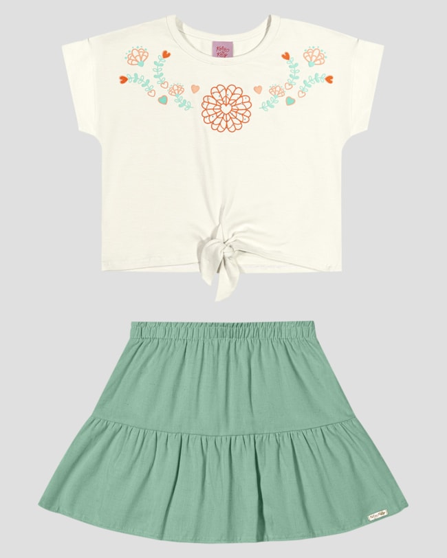 Conjunto Infantil Blusa e Saia com Estampa Floral Kely Kety Branco-616dab33-e49c-455f-9b5a-8eb0f5d78534