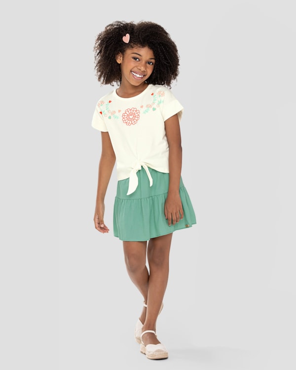 Conjunto Infantil Blusa e Saia com Estampa Floral Kely Kety Branco
