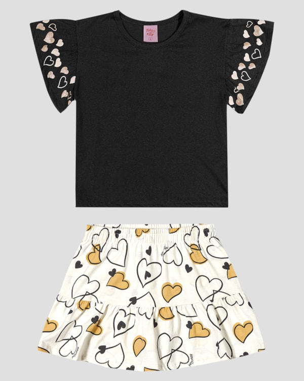 Conjunto Infantil Blusa e Saia Estampa Coração Kely Kety Preto