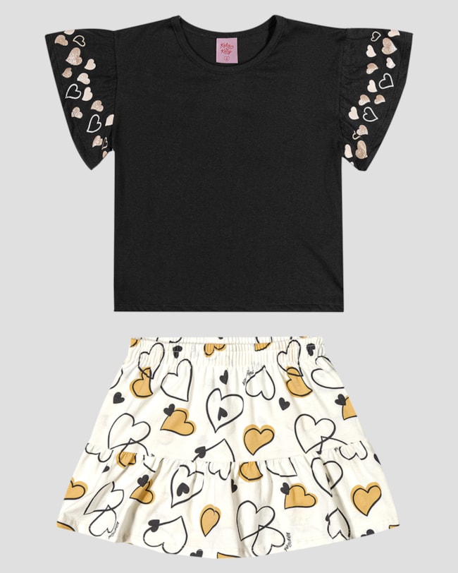 Conjunto Infantil Blusa e Saia Estampa Coração Kely Kety Preto-26883769-30e6-47fb-8990-de436f4b8f8b