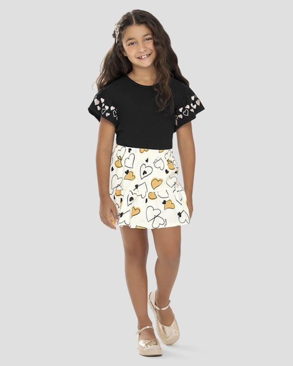 Conjunto Infantil Blusa e Saia Estampa Coração Kely Kety Preto