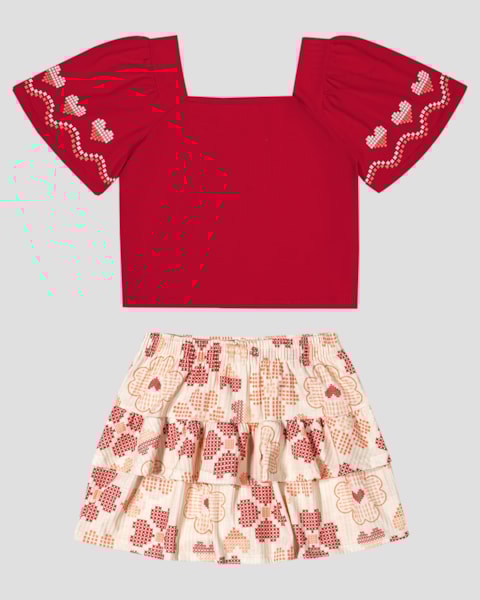 Conjunto Infantil Blusa e Saia Estampada Kely Kety Vermelho