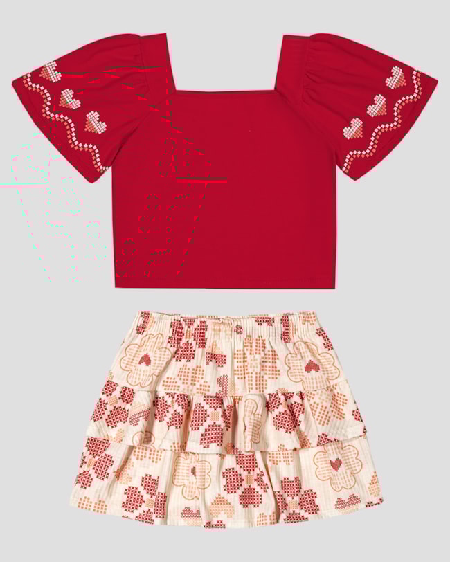 Conjunto Infantil Blusa e Saia Estampada Kely Kety Vermelho-b4e9acd2-e0ad-4775-85da-009393fd5941