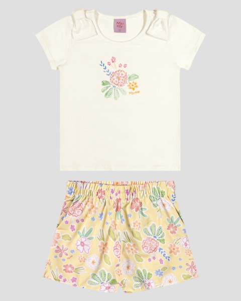 Conjunto Infantil Blusa e Short Estampado Kely Kety Branco