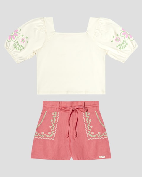 Conjunto Infantil Blusa e Shorts com Estampa Kely Kety Branco