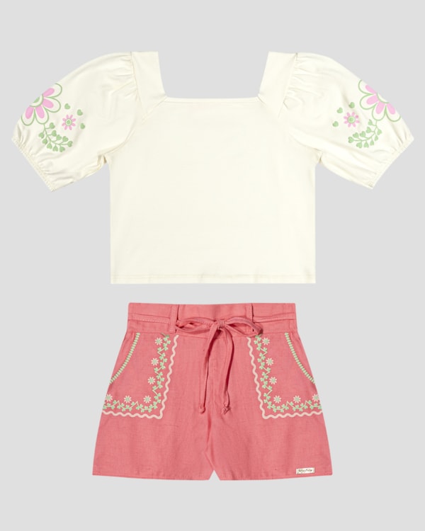 Conjunto Infantil Blusa e Shorts com Estampa Kely Kety Branco