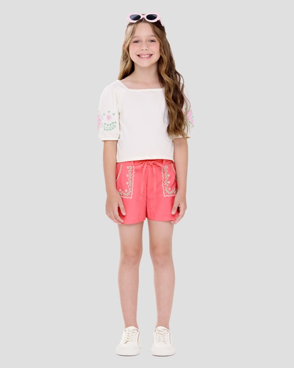 Conjunto Infantil Blusa e Shorts com Estampa Kely Kety Branco