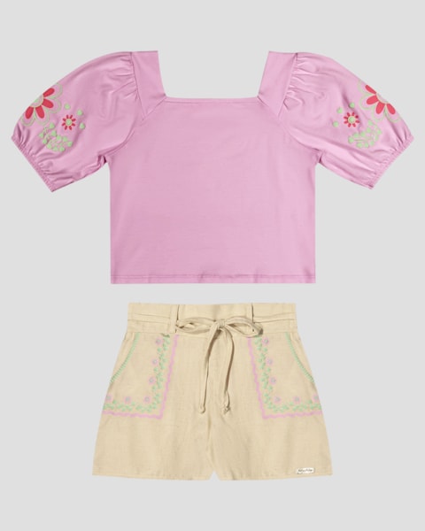 Conjunto Infantil Blusa e Shorts com Estampa Kely Kety Rosa