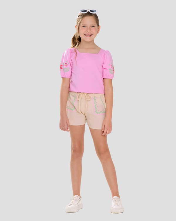 Conjunto Infantil Blusa e Shorts com Estampa Kely Kety Rosa