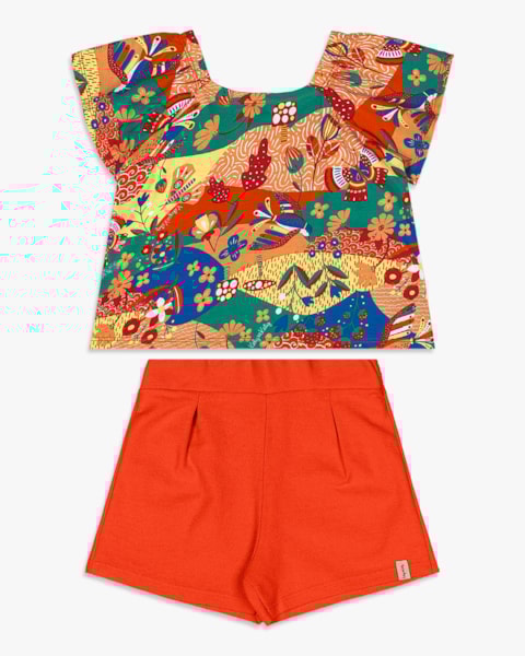 Conjunto Infantil Blusa Estampada e Shorts - Kely Kety - Tomato