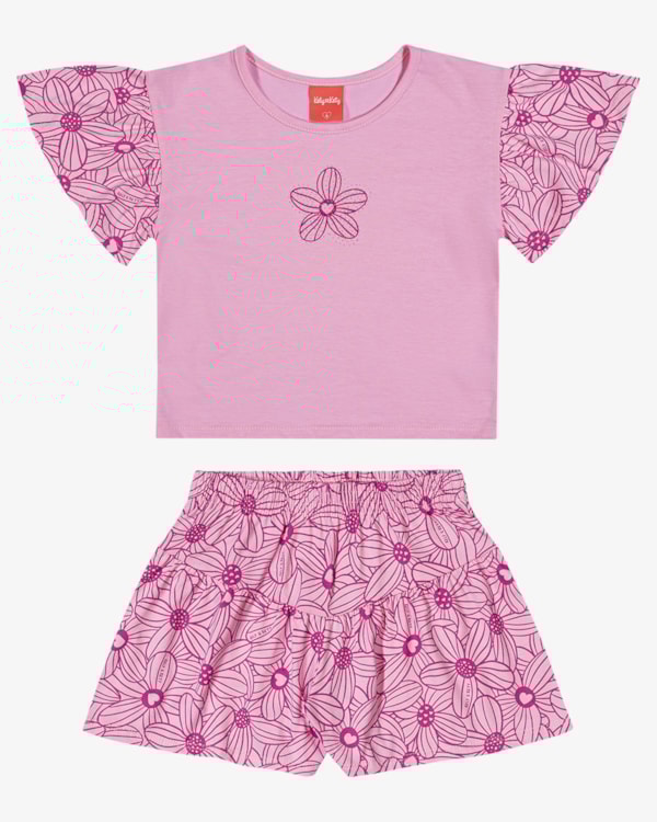 Conjunto Infantil Blusa Manga Babado e Shorts Estampado - Kely Kety - Rosa