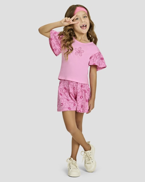Conjunto Infantil Blusa Manga Babado e Shorts Estampado - Kely Kety - Rosa