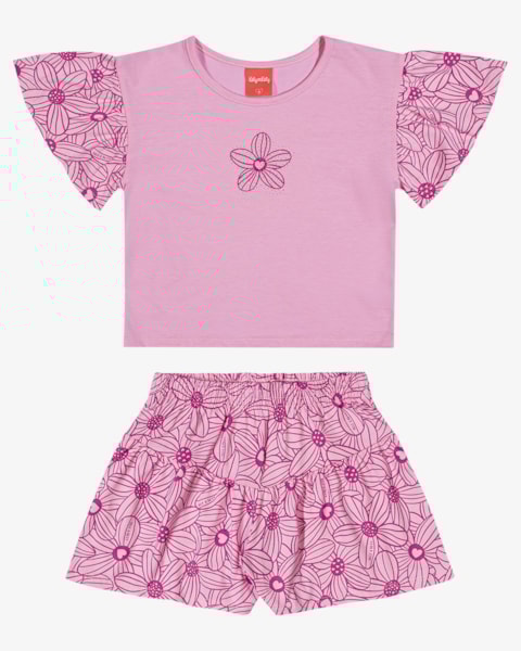 Conjunto Infantil Blusa Manga Babado e Shorts Estampado - Kely Kety - Rosa
