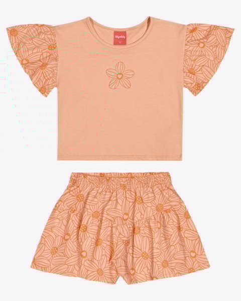 Conjunto Infantil Blusa Manga Babado e Shorts Estampado - Kely Kety - Salmão