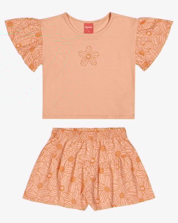 Conjunto Infantil Blusa Manga Babado e Shorts Estampado - Kely Kety - Salmão