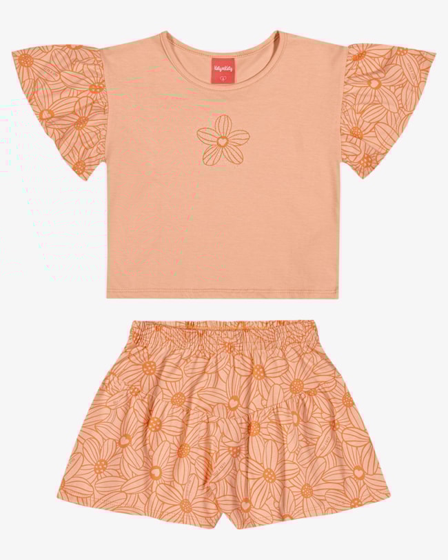 Conjunto Infantil Blusa Manga Babado e Shorts Estampado - Kely Kety - Salmão-37437c23-105a-4422-9fa4-b1c3cda688bc