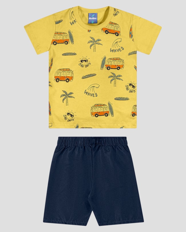 Conjunto Infantil Camiseta Estampada e Bermuda ReiRex Amarelo-771ae33b-58e2-4040-8f6b-d3cf5e2ff265