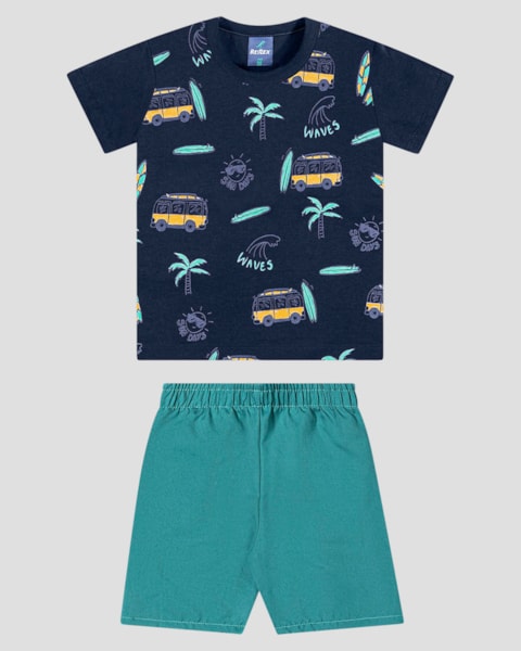 Conjunto Infantil Camiseta Estampada e Bermuda ReiRex Azul