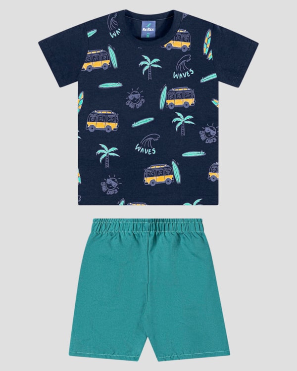 Conjunto Infantil Camiseta Estampada e Bermuda ReiRex Azul