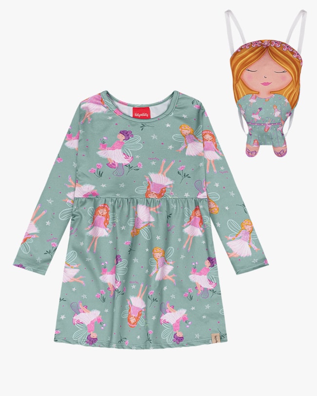 Conjunto Infantil com Vestido e Bolsa Boneca Estampa Fada- Kely Kety - Verde-9e52b728-9d0a-427c-bdfd-446ddbe70db0