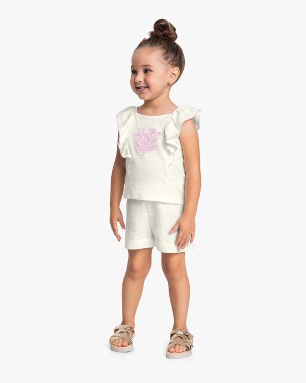 Conjunto Infantil em Malha Texturizada com Babados - Kely Kety - Natural