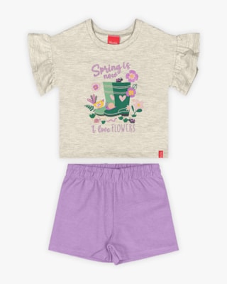 Conjunto Infantil Feminino Blusa Babado Manga e Shorts - Kely Kety - Mescla