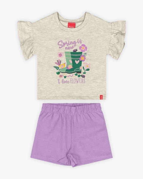 Conjunto Infantil Feminino Blusa Babado Manga e Shorts - Kely Kety - Mescla