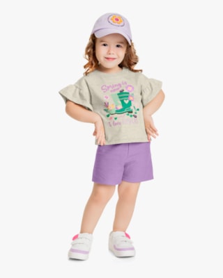 Conjunto Infantil Feminino Blusa Babado Manga e Shorts - Kely Kety - Mescla