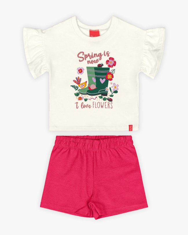 Conjunto Infantil Feminino Blusa Babado Manga e Shorts - Kely Kety - Natural-5fc2fcc8-b636-4b2c-844d-51e043dc0f81