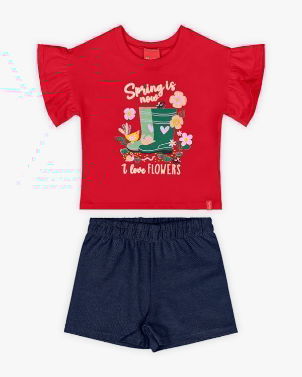Conjunto Infantil Feminino Blusa Babado Manga e Shorts - Kely Kety - Tomato