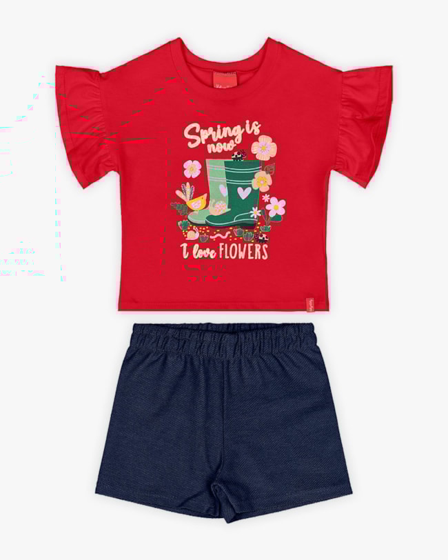 Conjunto Infantil Feminino Blusa Babado Manga e Shorts - Kely Kety - Tomato-16056b39-16ca-4538-87a1-2383f62b0424