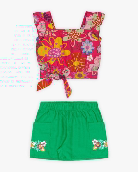 Conjunto Infantil Feminino Blusa com Amarração e Shorts - Kely Kety - Cherry