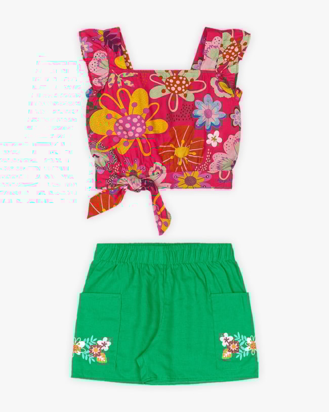Conjunto Infantil Feminino Blusa com Amarração e Shorts - Kely Kety - Cherry-c7942cec-e71c-4537-a7b6-32c26162c633