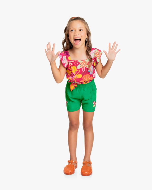Conjunto Infantil Feminino Blusa com Amarração e Shorts - Kely Kety - Cherry