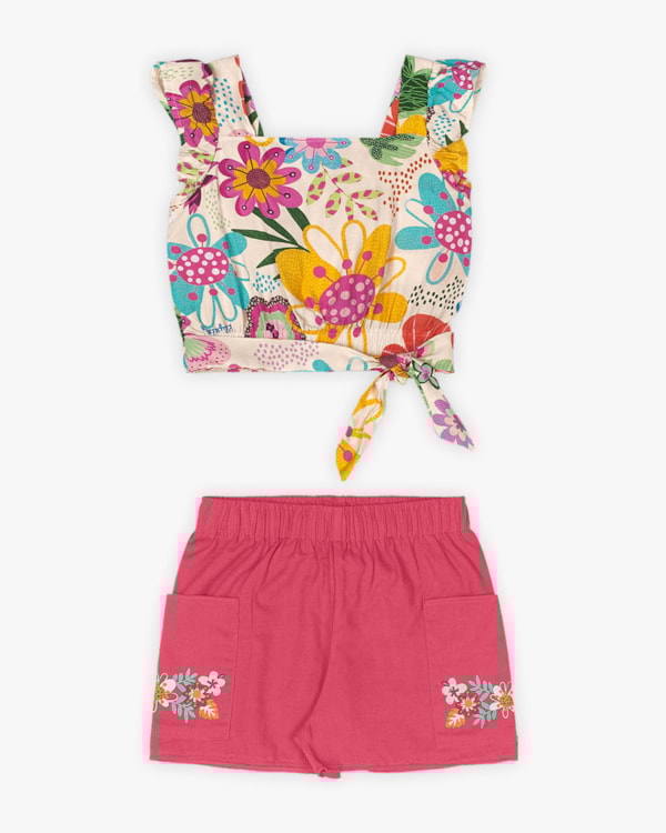 Conjunto Infantil Feminino Blusa com Amarração e Shorts - Kely Kety - Off White