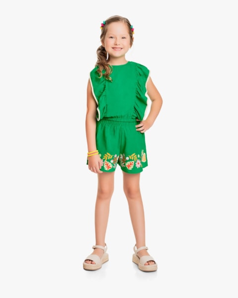 Conjunto Infantil Feminino Blusa com Babados e Shorts - Kely Kety - Folha