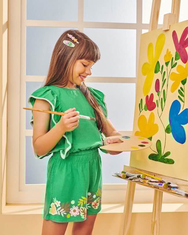 Conjunto Infantil Feminino Blusa com Babados e Shorts - Kely Kety - Folha-b6569f3f-dcdb-491c-9071-2d62b6f3db4b