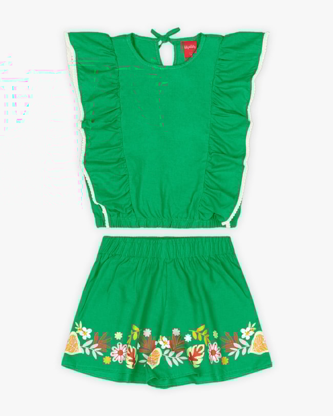 Conjunto Infantil Feminino Blusa com Babados e Shorts - Kely Kety - Folha-0f8c695a-1fc2-4efa-afe1-3eccdac6fe14