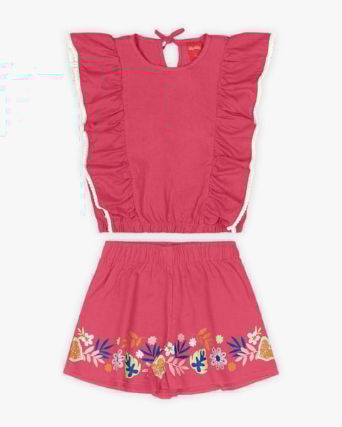 Conjunto Infantil Feminino Blusa com Babados e Shorts - Kely Kety - Rosa