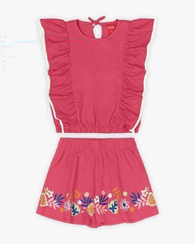 Conjunto Infantil Feminino Blusa com Babados e Shorts - Kely Kety - Rosa-09df2e45-e17a-44c8-95f6-571e926a7b10