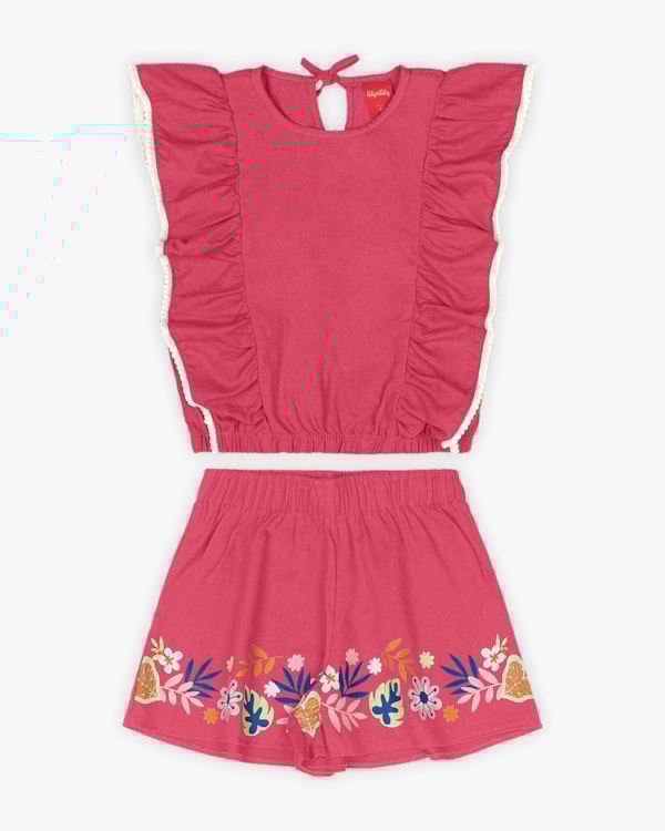Conjunto Infantil Feminino Blusa com Babados e Shorts - Kely Kety - Rosa