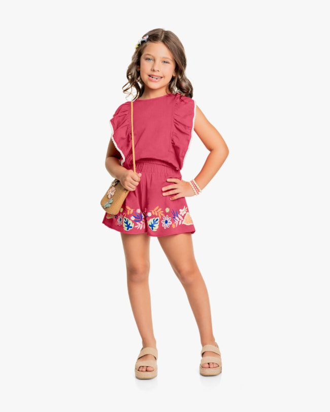 Conjunto Infantil Feminino Blusa com Babados e Shorts - Kely Kety - Rosa-3f2d8fb4-4985-48de-b0bd-5a59ed537bce