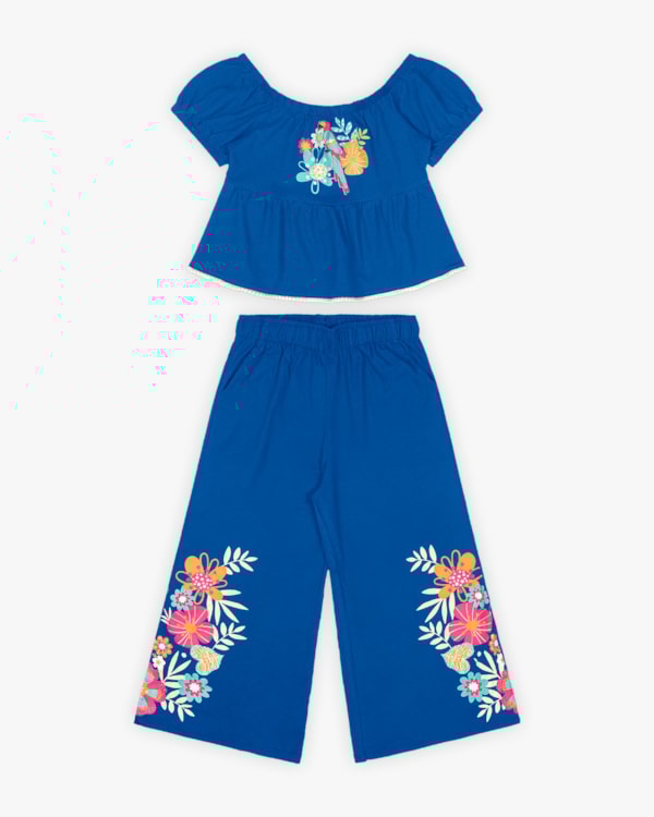 Conjunto Infantil Feminino Blusa e Calça com Estampa Flores - Kely Kety - Azul
