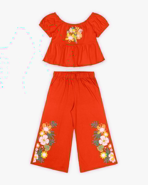Conjunto Infantil Feminino Blusa e Calça com Estampa Flores - Kely Kety - Carrot