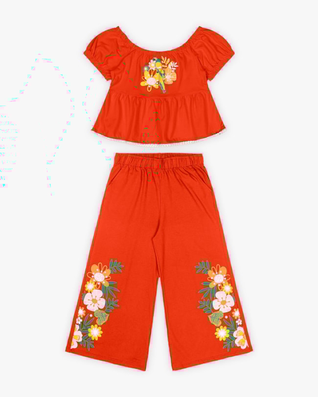 Conjunto Infantil Feminino Blusa e Calça com Estampa Flores - Kely Kety - Carrot-7ee94244-c109-42f0-9149-9a62c3c12247