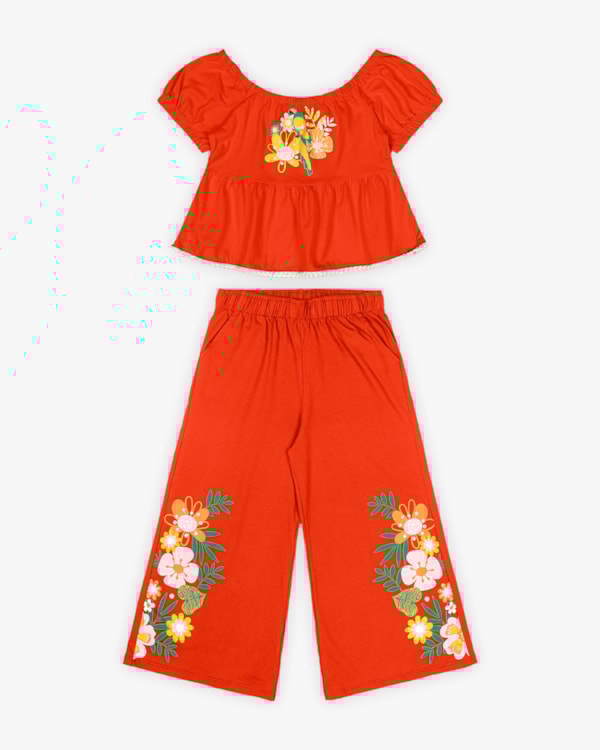 Conjunto Infantil Feminino Blusa e Calça com Estampa Flores - Kely Kety - Carrot