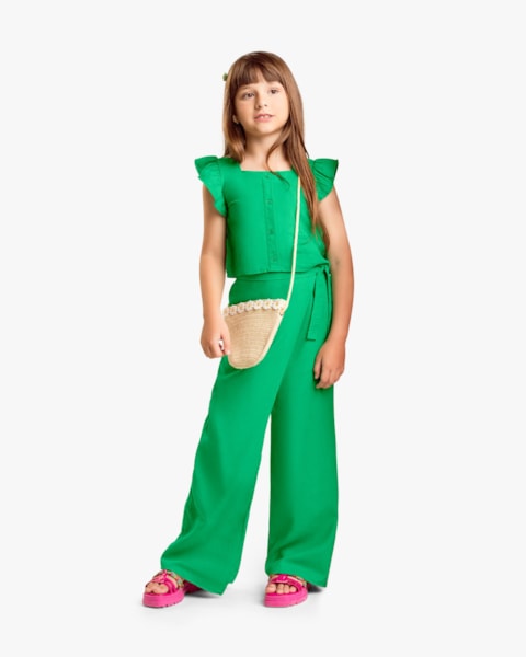 Conjunto Infantil Feminino Blusa e Calça em Viscose Linho - Kely Kety - Folha