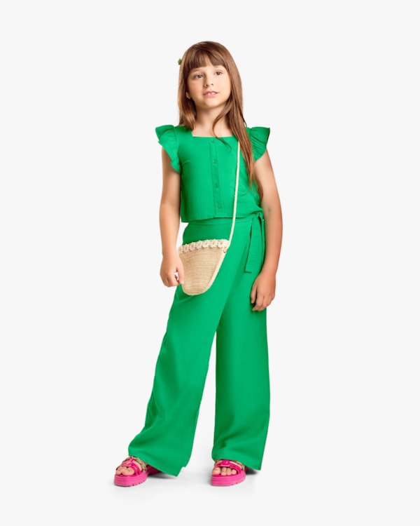 Conjunto Infantil Feminino Blusa e Calça em Viscose Linho - Kely Kety - Folha
