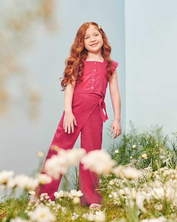 Conjunto Infantil Feminino Blusa e Calça em Viscose Linho - Kely Kety - Rosa