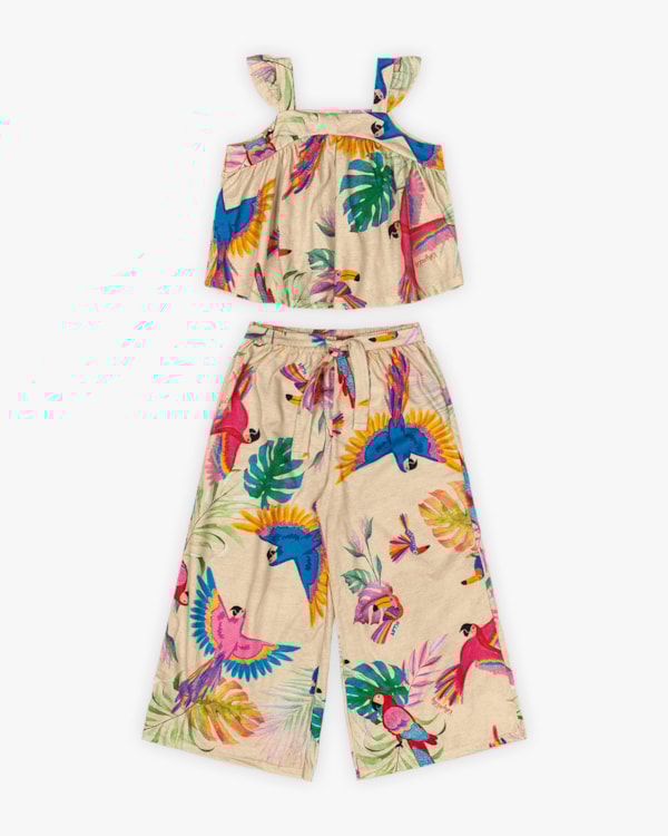 Conjunto Infantil Feminino Blusa e Calça Estampa Tropical - Kely Kety - Deserto